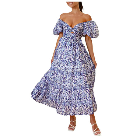 Summer V Neck Cutout Floral Print Dresses Elegant Women Puff Short Sleeve Casual Dress Pleated Waisted Swing Beach Long Dress - Lootquake