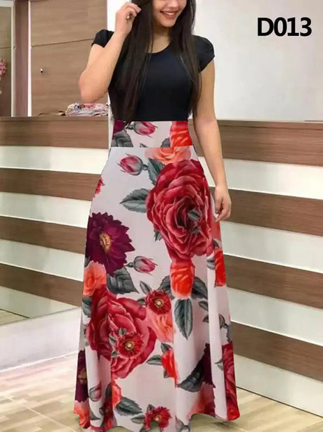 Women Floral Dot Print Patchwork Long Dress Summer Casual Short Sleeve O-Neck High Waist Robe Boho Beach Maxi Sundress Vintage - Lootquake