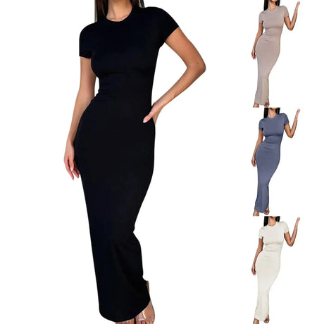 Solid Black White Skinny Long Dress Women's Summer Fashion Plain Bodycon Maxi Tshirt Dress Ladies Simple Casual Slim Dresses - Lootquake