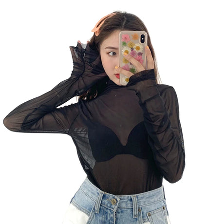Neon Shirt for Women Long Sleeve Stand Collar Sheer Top Yellow Gold Mesh Blouse Sexy Party Club Streetwear Hip Hop Tee Tops - Lootquake