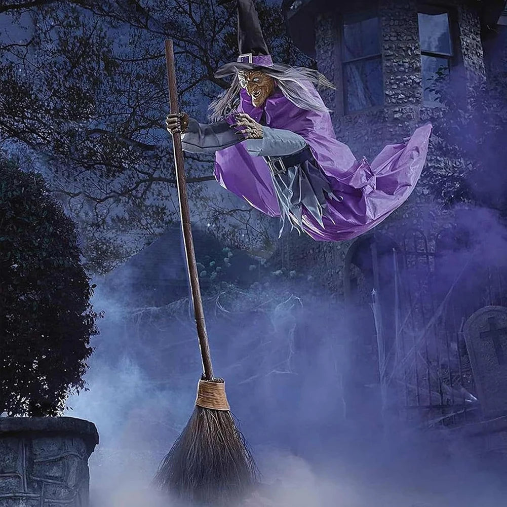 Halloween Props with Terrifying Sounds and Lights Halloween Flying Witch Decor Broom Wizard Decor for Balcony Entry Themed Party