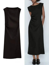 TRAF Women's Long Sleeveless Dress Black Fashion Linen Blend Shrinking Pleated Long Dress Temperament Elegant Women's Clothing - Lootquake