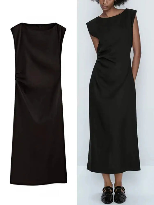 TRAF Women's Long Sleeveless Dress Black Fashion Linen Blend Shrinking Pleated Long Dress Temperament Elegant Women's Clothing - Lootquake
