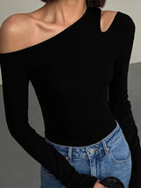 Fashion Skew Collar Off-shoulder Long-sleeved T-shirts Women Spring 2025 New Solid Slim Fit Crop Top Sexy Hollow Out Tees Shirts - Lootquake