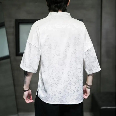 M-5XL Plus Size Men Dragon Pattern Shirt Short Sleeve V Neck Summer Streetwear Stain Chinese Pullover Blouse for Men XXXXXL - Lootquake