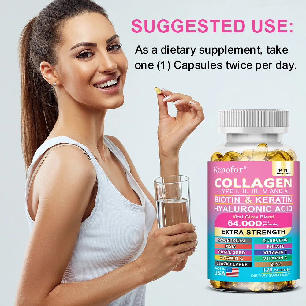 Cápsulas de colágeno 14 en 1: biotina y queratina, potenciador del cuidado de la piel, antienvejecimiento, blanqueamiento, cuidado de la piel, uñas y cabello.