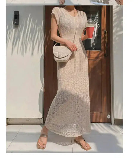 Summer High Quality Korean Simple Hollow Out Vest Knit Sweater Dress Women Japanese Gentle V-Neck Slim Elastic Knit Long Dress - Lootquake