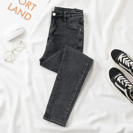 Black Grey Jeans Women's Slimming Cropped Pants Chic Versatile Student Short Trousers Long Pants Slim Fit Sihouette Smoothing - Lootquake