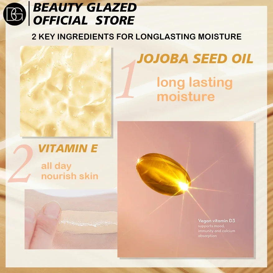 Base de maquillaje líquida BEAUTY GLAZED, textura sedosa, cobertura total, control de grasa ligero, larga duración, base natural impecable.