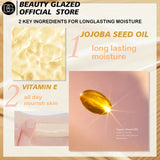 Base de maquillaje líquida BEAUTY GLAZED, textura sedosa, cobertura total, control de grasa ligero, larga duración, base natural impecable.