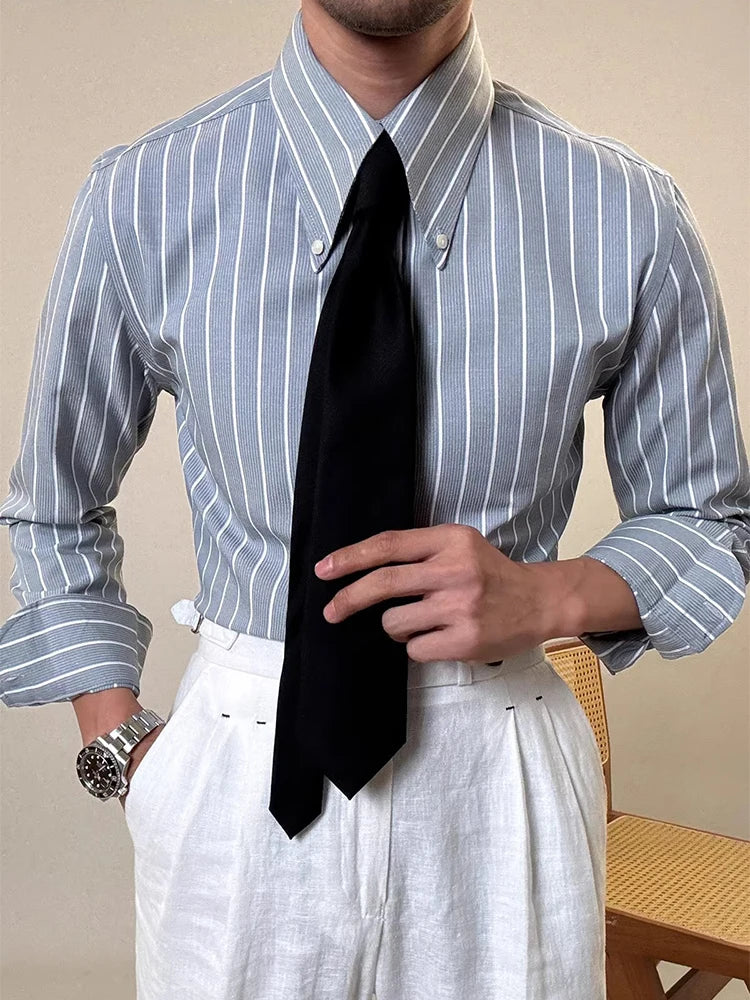 Vintage Striped Printed Slim Shirts Mens Casual Long Sleeve Lapel Buttoned Shirt 2025 Spring Fall Mens Shirt Naple Style Clothes