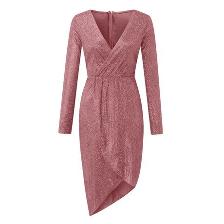 Elegant Women Evening Party Dress Shiny Sequin Deep V-Neck Nightclub Formal Dress Bodycon Irregular Hem Long Dress For Wedding - Lootquake