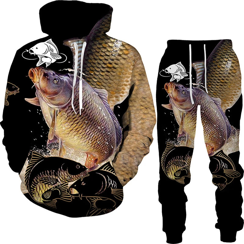 New 3D Fishing Art Print Casual Couple Hoodies Outfits Hip Hop Streetwear Hooded Sweatshirt+Sweat Pants Men's Tracksuit Set - Lootquake