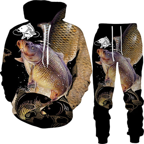 New 3D Fishing Art Print Casual Couple Hoodies Outfits Hip Hop Streetwear Hooded Sweatshirt+Sweat Pants Men's Tracksuit Set - Lootquake