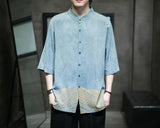 M-5XL Plus Size Mens Half Sleeve Kung Fu Tai Chi Tops Streetwear Casual Shirt Chinese Style Tunic Summer Shirts Sky Blue Clothes - Lootquake