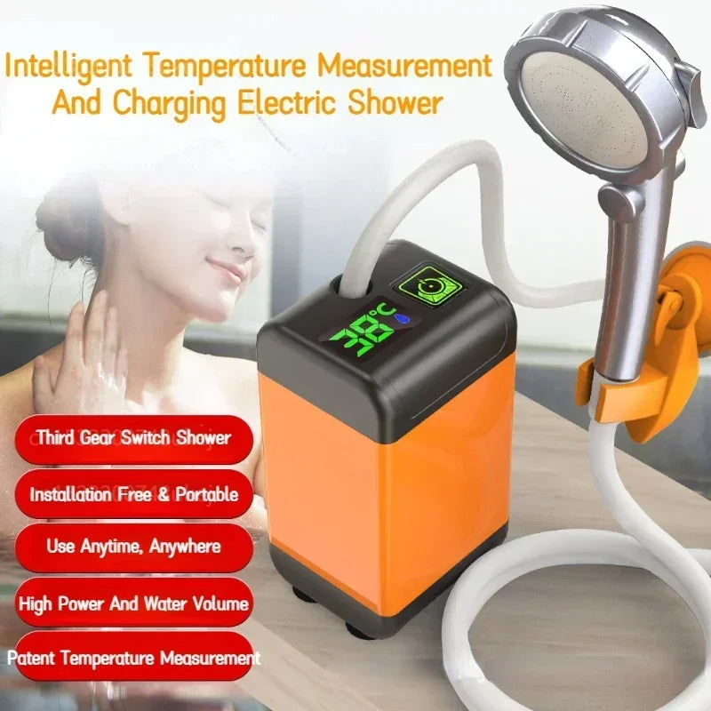 Ducha eléctrica portátil para acampar al aire libre, bomba de ducha IPX7 resistente al agua con pantalla digital para acampar, viajar, playa, dormitorio.