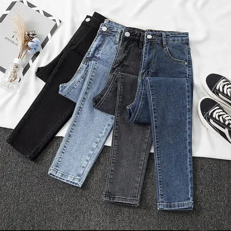 Black Grey Jeans Women's Slimming Cropped Pants Chic Versatile Student Short Trousers Long Pants Slim Fit Sihouette Smoothing - Lootquake