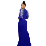 CM.YAYA Vestido largo de sirena con diamantes de imitación y manga larga transparente para mujer, de malla transparente, sexy, para fiesta de noche o otoño