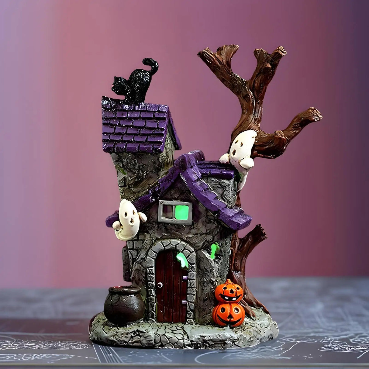 Haunted House Table Decor Glowing Halloween Decorations Resin with Ghost Table Ornament Figurines for Garage Fireplace Bathroom