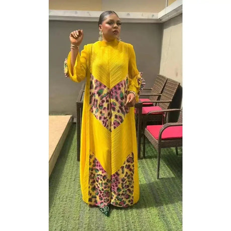 2024 Miyake Fashion Splicing Leopard Print Maxi Dress with Round Neck Hand Shake Flower Horn Sleeves Long Loose Fit Long Dress - Lootquake