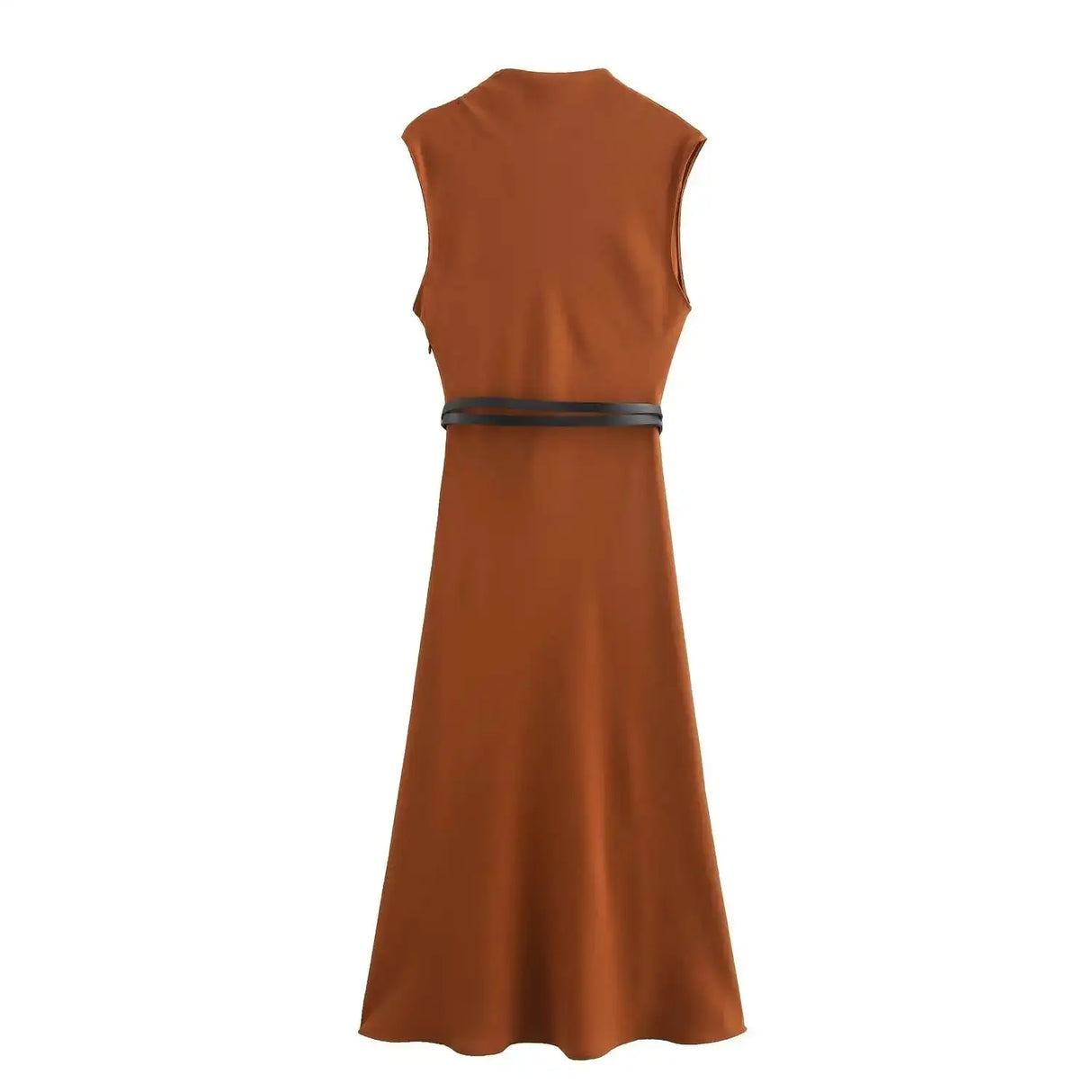 TRAFZA Women's Autumn New Fashion Versatile Belted Midi Slim Long Dress Female Elegant High Street Sleeveless Casual Dress Mujer - Lootquake