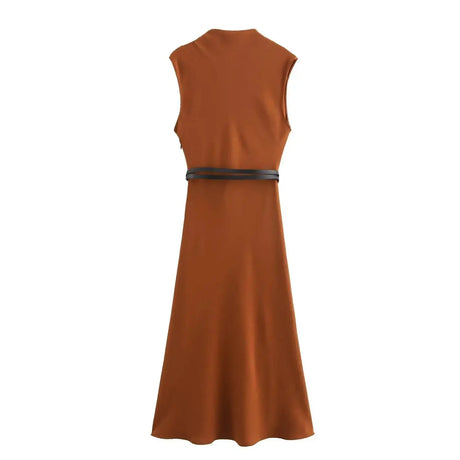 TRAFZA Women's Autumn New Fashion Versatile Belted Midi Slim Long Dress Female Elegant High Street Sleeveless Casual Dress Mujer - Lootquake