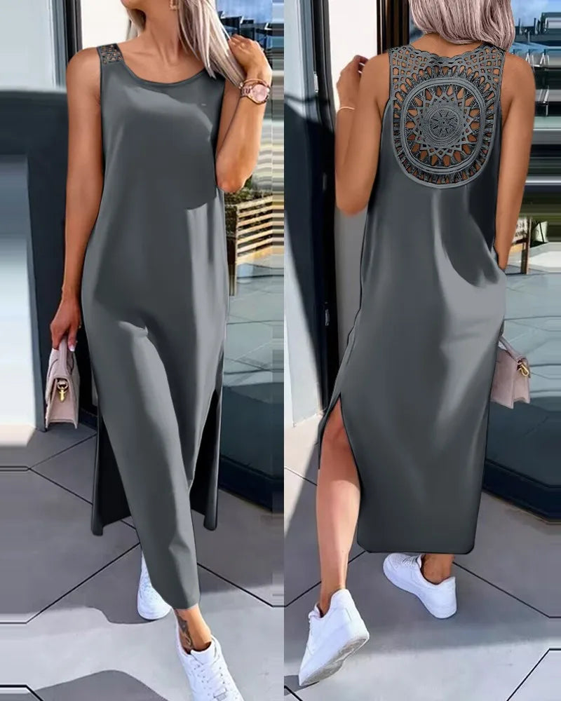 Hollow Out Solid Long Dress Women Fashion Sleeveless O-neck Maxi Dresses For Women 2024 Summer Women's Slim Split Vestidos Black - Lootquake