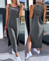 Hollow Out Solid Long Dress Women Fashion Sleeveless O-neck Maxi Dresses For Women 2024 Summer Women's Slim Split Vestidos Black - Lootquake