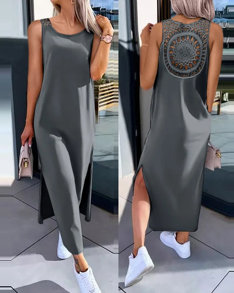 Hollow Out Solid Long Dress Women Fashion Sleeveless O-neck Maxi Dresses For Women 2024 Summer Women's Slim Split Vestidos Black - Lootquake
