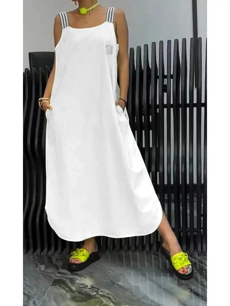 Summer Fashion Solid Cotton Linen Dresses Women Sexy Square Neck Sleeveless Suspender Slit Long Dress Casual Loose Dress Woman - Lootquake