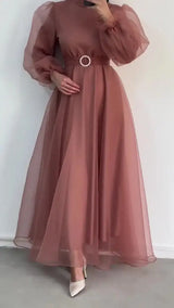 Spring Elegant Mesh Dress Muslim Women Fashion Solid High Waist Mesh Lantern Sleeves Long Dress Women - Lootquake