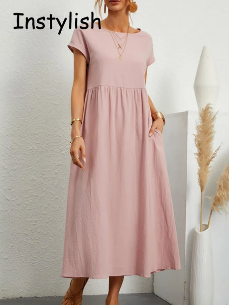 Women Elegant Solid Maxi Dress Summer Short Sleeve O Neck Vintage Harajuku Cotton Linen Loose Sundress Y2K Pockets Long Dress - Lootquake