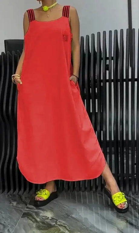 Summer Fashion Solid Cotton Linen Dresses Women Sexy Square Neck Sleeveless Suspender Slit Long Dress Casual Loose Dress Woman - Lootquake