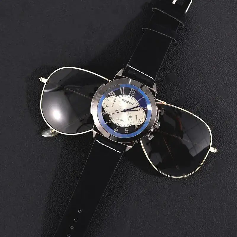 3PCS Set Fashion Mens Bracelet Necklace Watches Men Business Quartz Wrist Watch Classic Male Casual Leather Watch Reloj Hombre - Lootquake