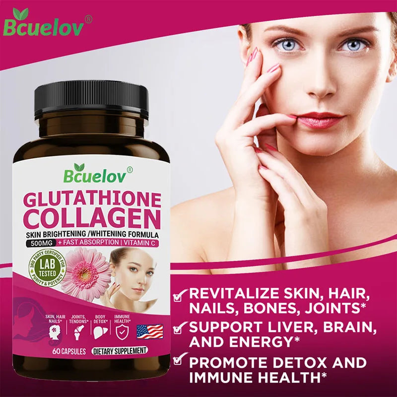 Suplemento de colágeno y glutatión: favorece la salud de la piel, el cabello, las uñas y los huesos. Es antioxidante.