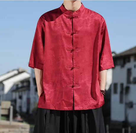 Plus Size Summer Mens Chinese Shirt Ice Silk Vintage Shirt Tang Suit Hanfu Tops Male Vintage Clothing Stand Collar Loose Shirts - Lootquake