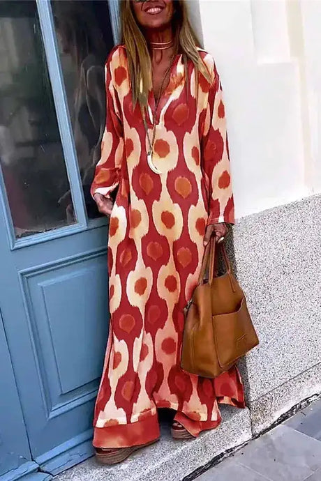 Bohemian Casual Print V-neck Long Dress Spring Autumn Vintage Mosaic Print Maxi Dress Loose Long Sleeve Holiday Dresses Vestido - Lootquake
