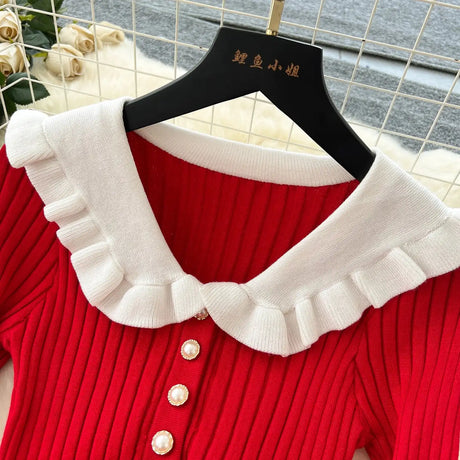 SINGREINY 2024 Hotsweet Slim Autumn Dress Women Peter pan Collar Long Sleeves Patchwork Preppy Style Mermaid Sweater Long Dress - Lootquake