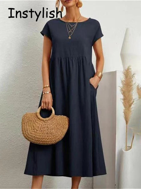 Women Elegant Solid Maxi Dress Summer Short Sleeve O Neck Vintage Harajuku Cotton Linen Loose Sundress Y2K Pockets Long Dress - Lootquake