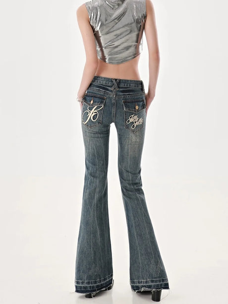 American High Street Spicy Girls Low Waist Jeans Women Autumn Vintage Y2k Design Sense Slim Fit Straight Tube Micro Flare Pants - Lootquake