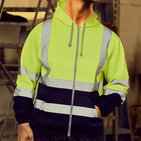 Reflective Men Hoodie Drawstring Loose Zipper Long Sleeve Hooded Pullover Winter Work Safety Coat Moisture-wicking Sweatshirt - Lootquake
