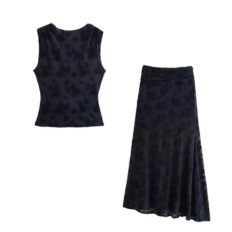 TRAFZA Vintage Casual Chic Women Flocking Suit O-Neck Backless Sleeveless Top Asymmetrical Long Skirt Fashion 2025 Spring Suit - Lootquake