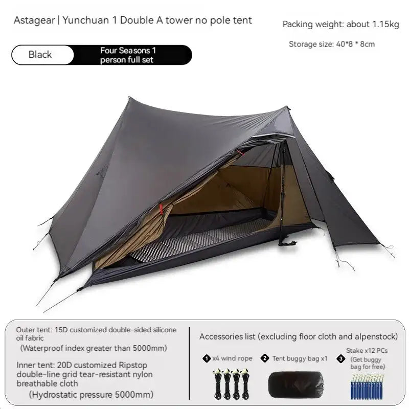Tienda de campaña para acampar y hacer senderismo al aire libre, sin varillas, de nailon 15D, con pirámide doble A y revestimiento de silicona de doble cara, ASTA GEAR Yun Chuan