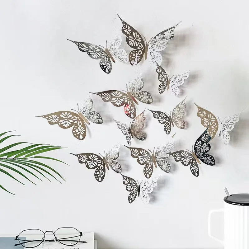 Lot de 12 autocollants muraux 3D en forme de papillon creux pour chambre à coucher, salon, décoration murale à faire soi-même, papier peint de mariage, décoration d'intérieur