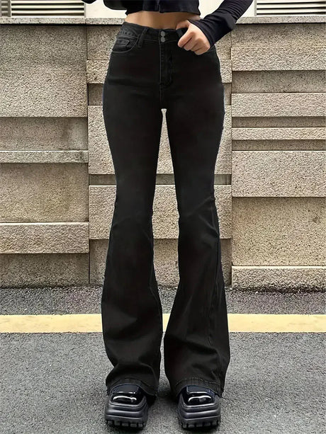 Women Flare Stretch Moustache Jeans Fashion Skinny Bell Bottom High Waist Gray Denim Pants Lady Classic Y2K Punk Long Trousers - Lootquake
