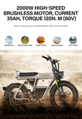 Bicicleta eléctrica para adultos Coswheel GT20S, 1500 W, 48 V, 27,5 Ah, para desplazamientos diarios, bicicleta de montaña eléctrica con neumáticos anchos de 20 pulgadas.