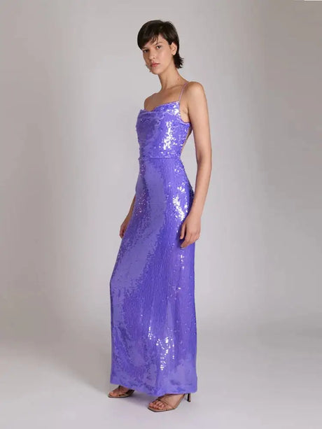 New Sexy Sleeveless Backless Lace-up Slim Long Dress Summer Elegant Pleated Backless Bright Sequins Dress Luxury Evening Dresses - Lootquake
