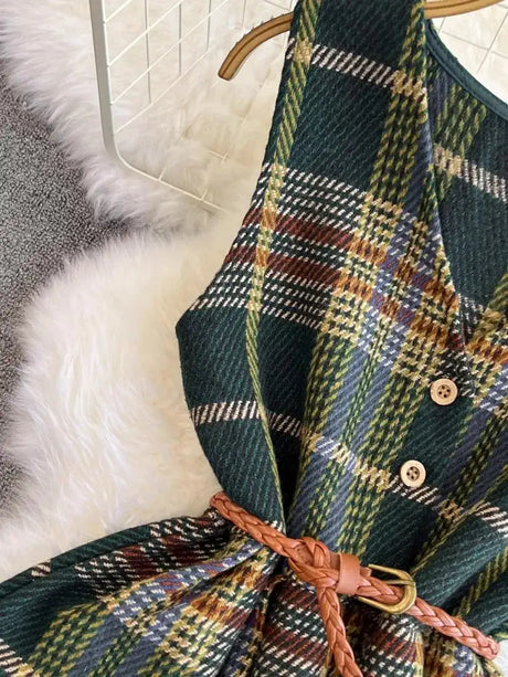Autumn Winter Plaid Woolen Dress Women Vintage V Neck Sleeveless Long Dress With Belt Streetwear Sundress - Lootquake