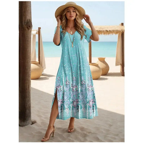 Elegant Dresses For Women Holiday V-Neck Long Dress 3d Vintage Flowers Print Short Sleeve Slit Skirt Summer New Beach Dresses - Lootquake