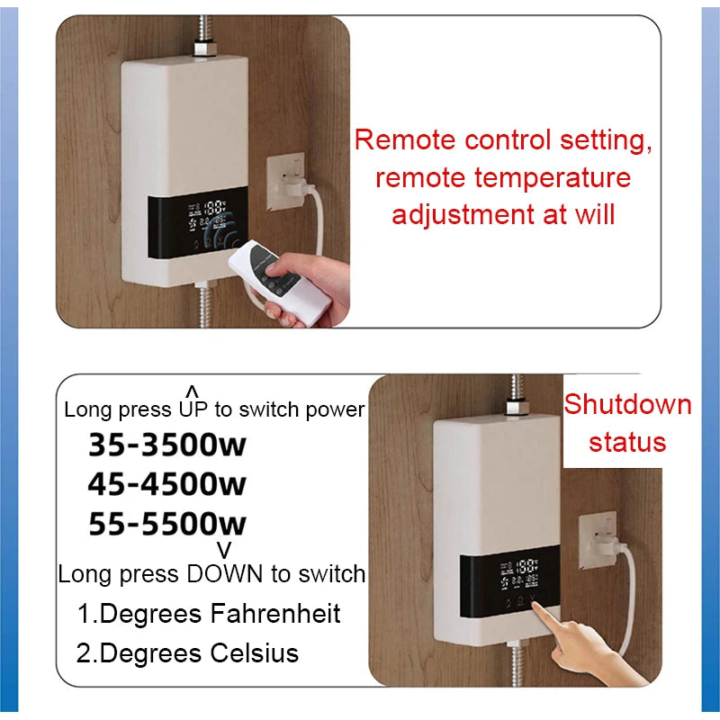Calentador de agua eléctrico instantáneo sin tanque, control remoto, grifo de cocina, grifo de baño, ducha, ajuste de temperatura